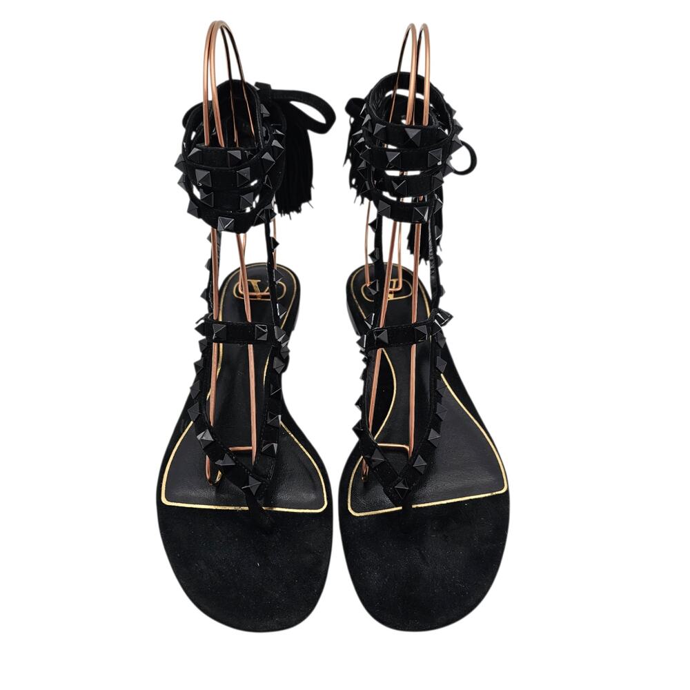 Valentino Garavani Rockstud Gladiator Flat Sandal Black Suede Size 37.5 US 7.5 - Picture 3 of 12
